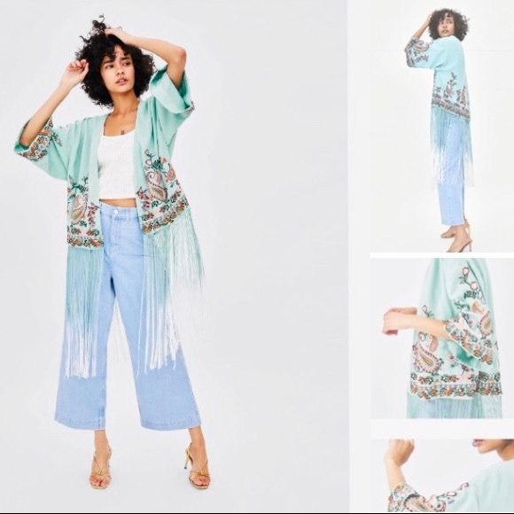 [ZARA] EMBROIDERED KIMONO with OMBRÉ FRINGING - Picture 6 of 8